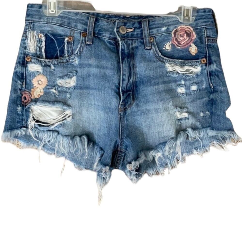 American Eagle Hi-Rise Festival Jean Shorts Destroyed Floral Blue Denim Size 2